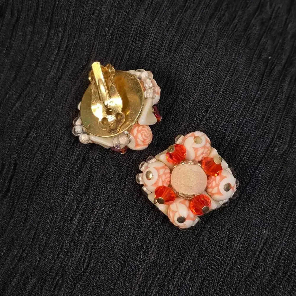 Vintage Orange White Beaded Clip-On Cluster Earrings Floral Retro Mod